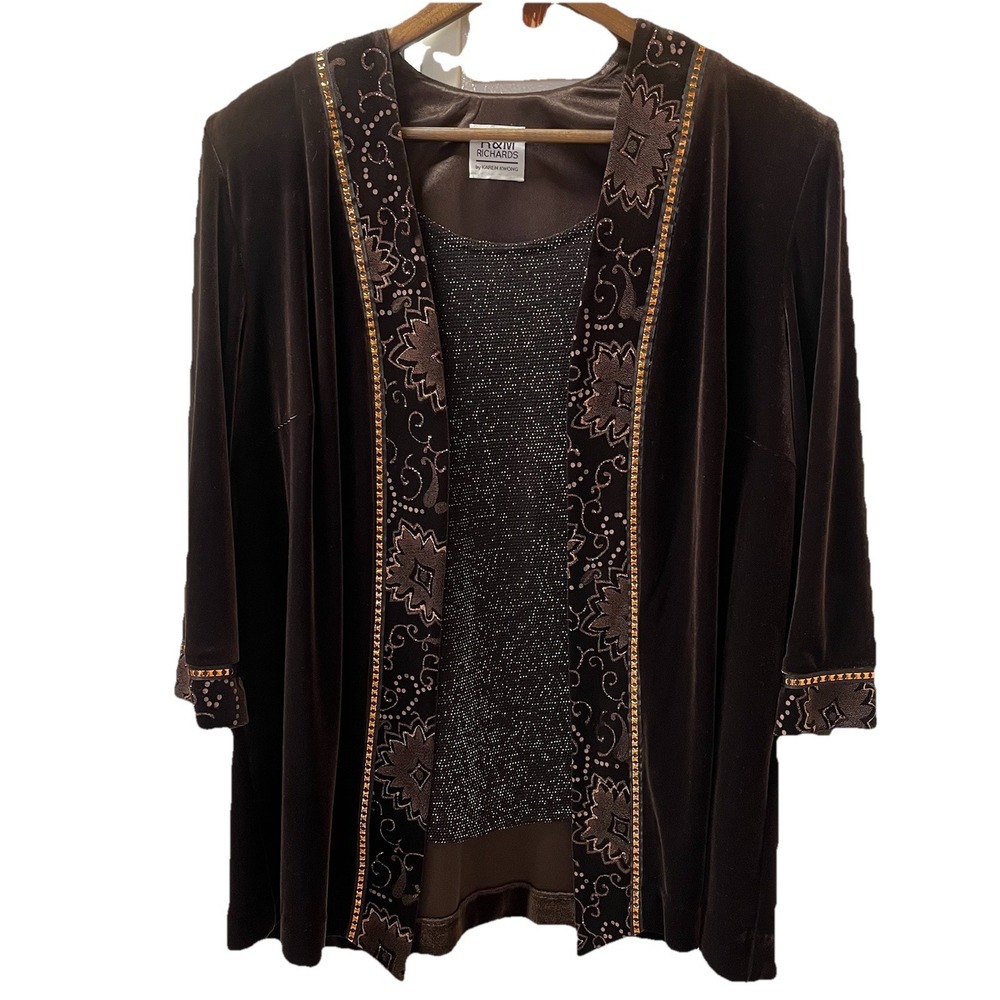 VTG R&M Women's L Top & Jacket Velvet Chocolate Brown Glittery Glam Sparkle USA